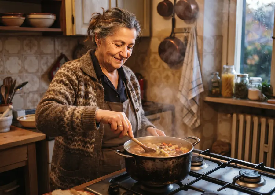Una donna sulla settantina mescola una minestra sul fornello a gas in una piccola cucina, in una sera d'autunno.