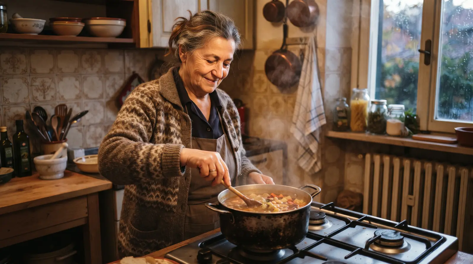 Una donna sulla settantina mescola una minestra sul fornello a gas in una piccola cucina, in una sera d'autunno.