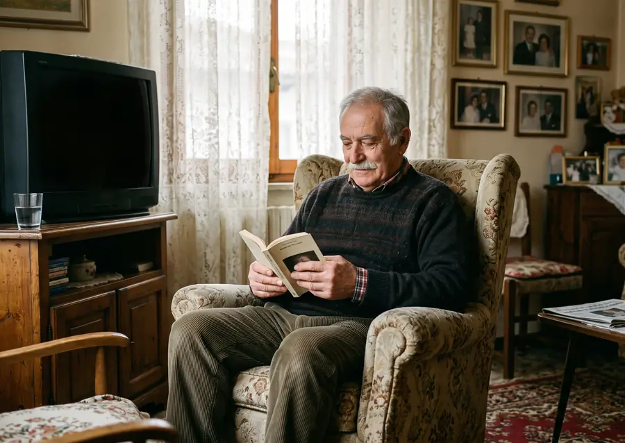 Un uomo anziano con i baffi bianchi legge un libro in poltrona nel soggiorno, con il vecchio televisore spento accanto.