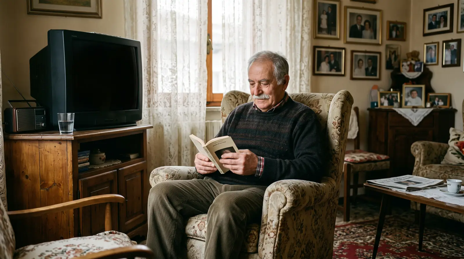Un uomo anziano con i baffi bianchi legge un libro in poltrona nel soggiorno, con il vecchio televisore spento accanto.
