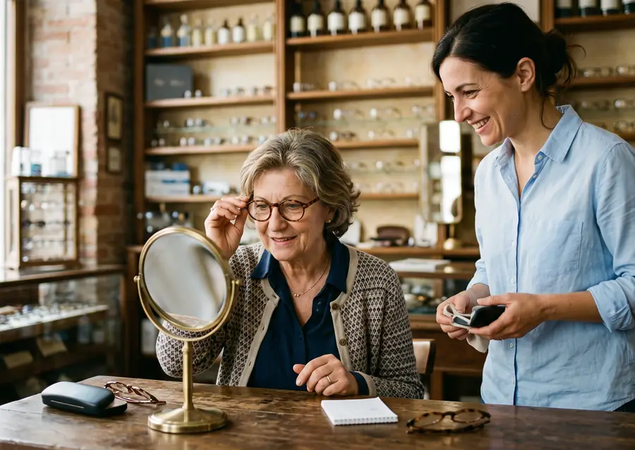 Una donna sui sessantacinque anni prova un paio di occhiali da vista davanti a uno specchio, in un negozio di ottica, con l'ottica accanto.