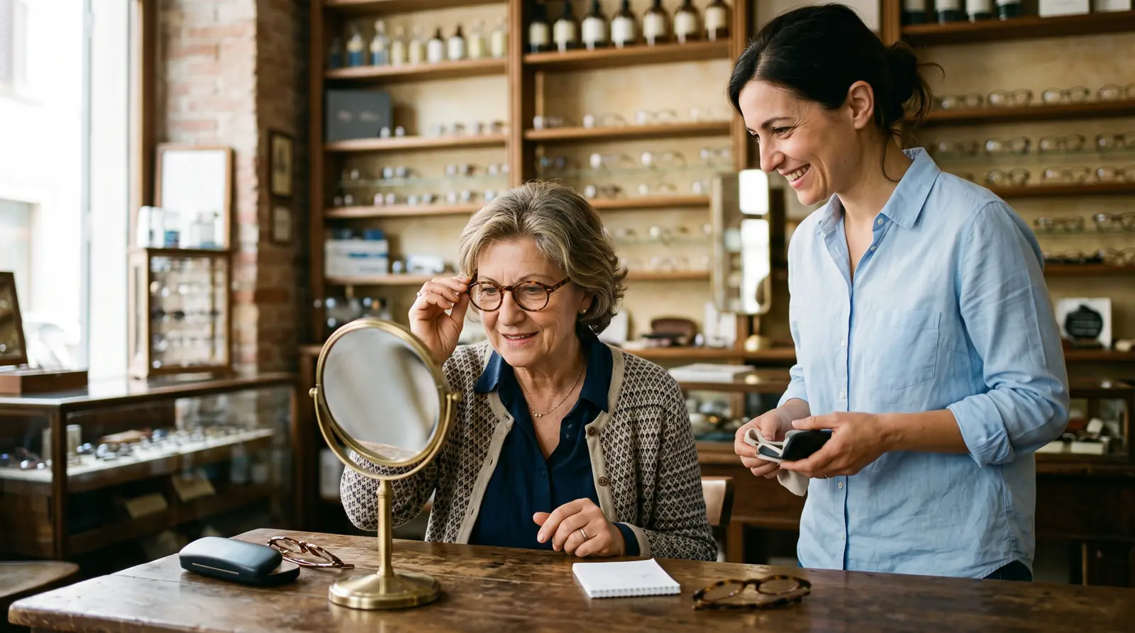 Una donna sui sessantacinque anni prova un paio di occhiali da vista davanti a uno specchio, in un negozio di ottica, con l'ottica accanto.