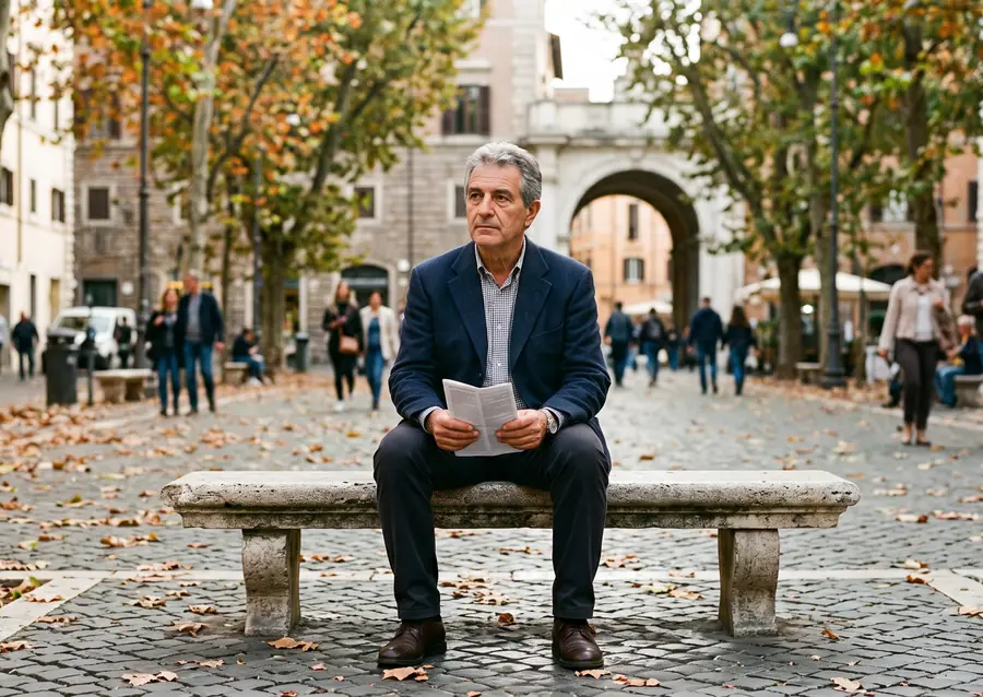 Un uomo sui sessantacinque anni in giacca blu siede pensieroso su una panchina di pietra in una piazza alberata, in autunno.