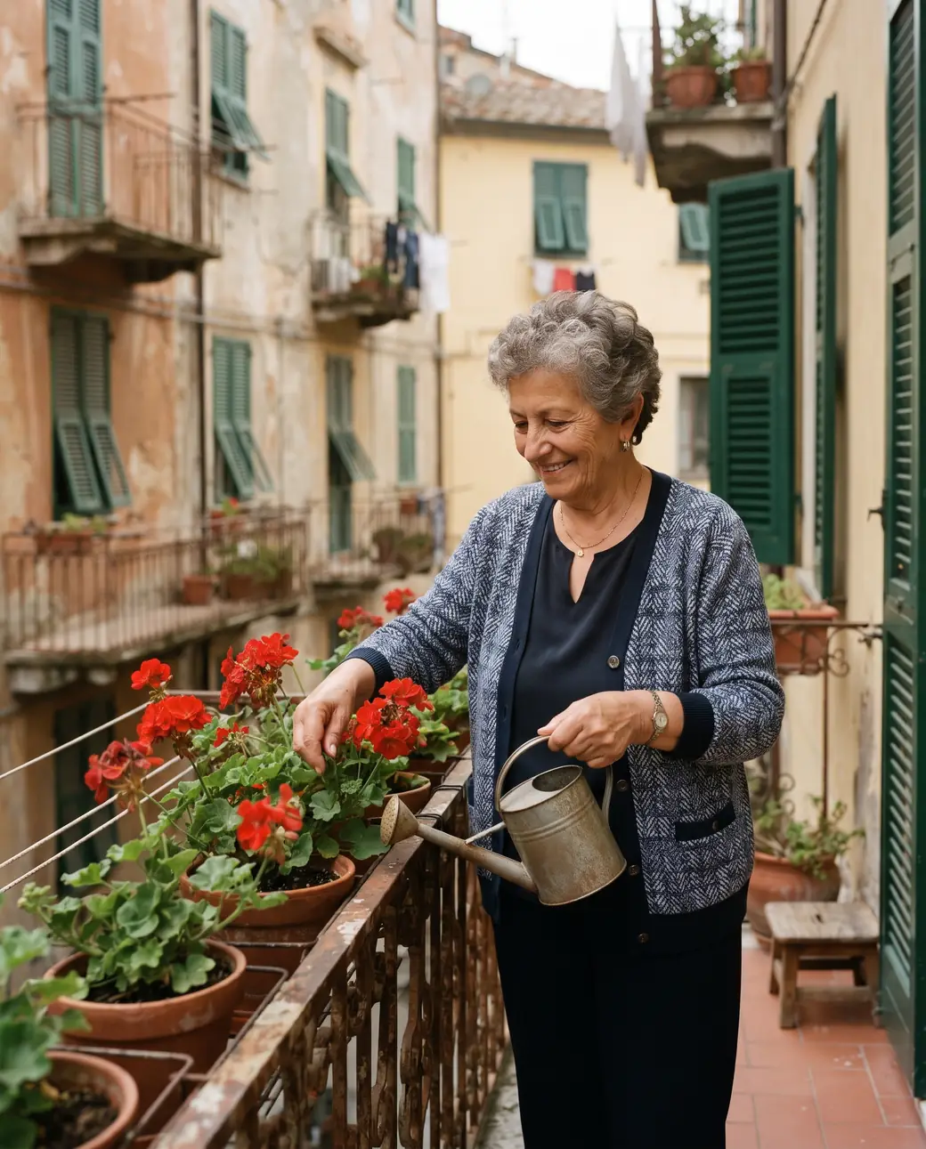 Una donna sulla settantina annaffia i gerani rossi sul balcone di un vecchio palazzo con le persiane verdi, nella luce del mattino.