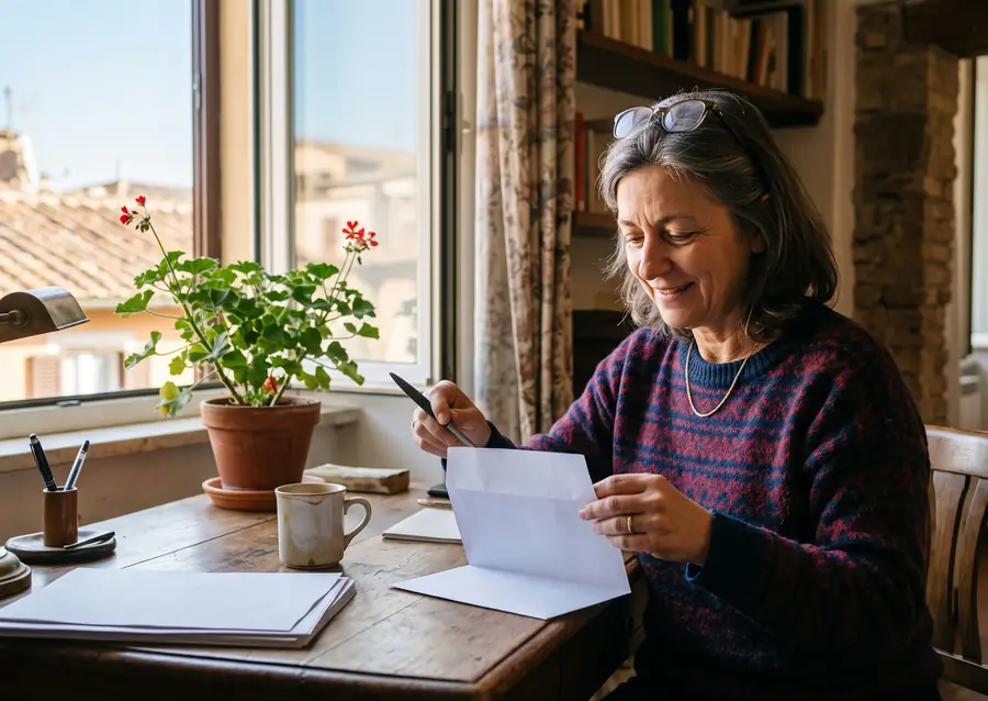 Una donna sui cinquantacinque anni apre una busta bianca alla scrivania, accanto alla finestra di un appartamento romano.