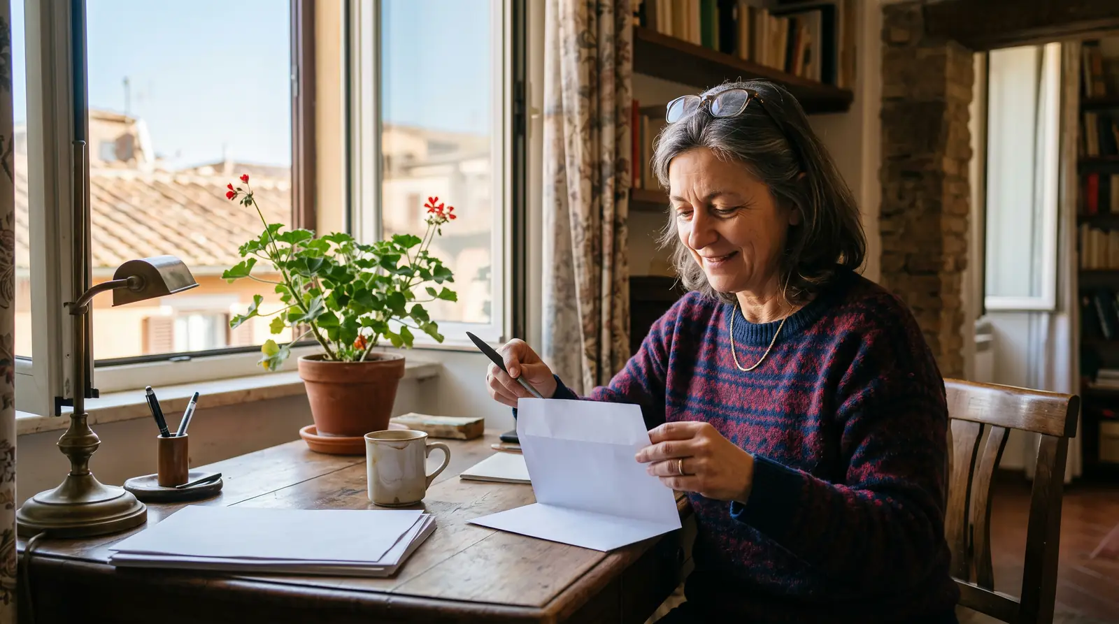 Una donna sui cinquantacinque anni apre una busta bianca alla scrivania, accanto alla finestra di un appartamento romano.