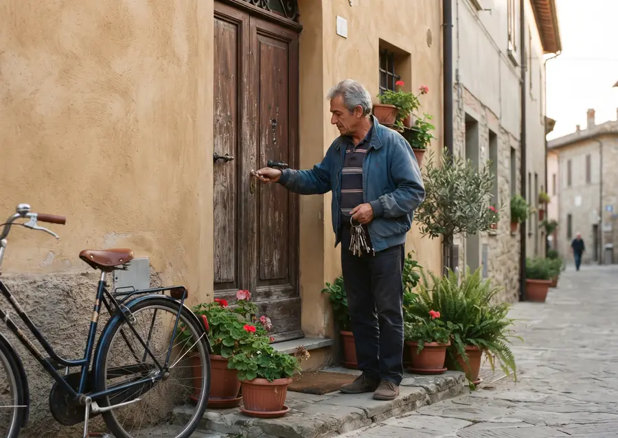Un uomo sulla sessantina apre con la chiave il portone di legno di una casa a schiera color ocra, con una bicicletta appoggiata al muro.
