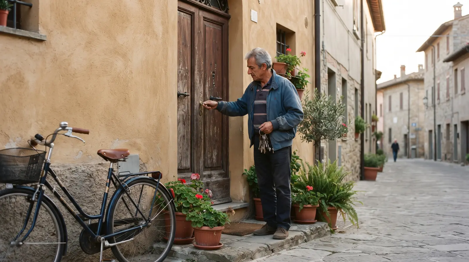 Un uomo sulla sessantina apre con la chiave il portone di legno di una casa a schiera color ocra, con una bicicletta appoggiata al muro.
