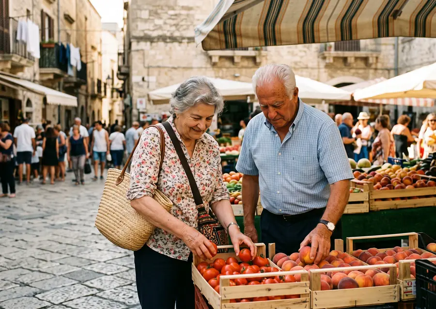 Una coppia sulla settantina sceglie pesche e pomodori a un mercato all'aperto in un paese del Sud, in una mattina d'estate.