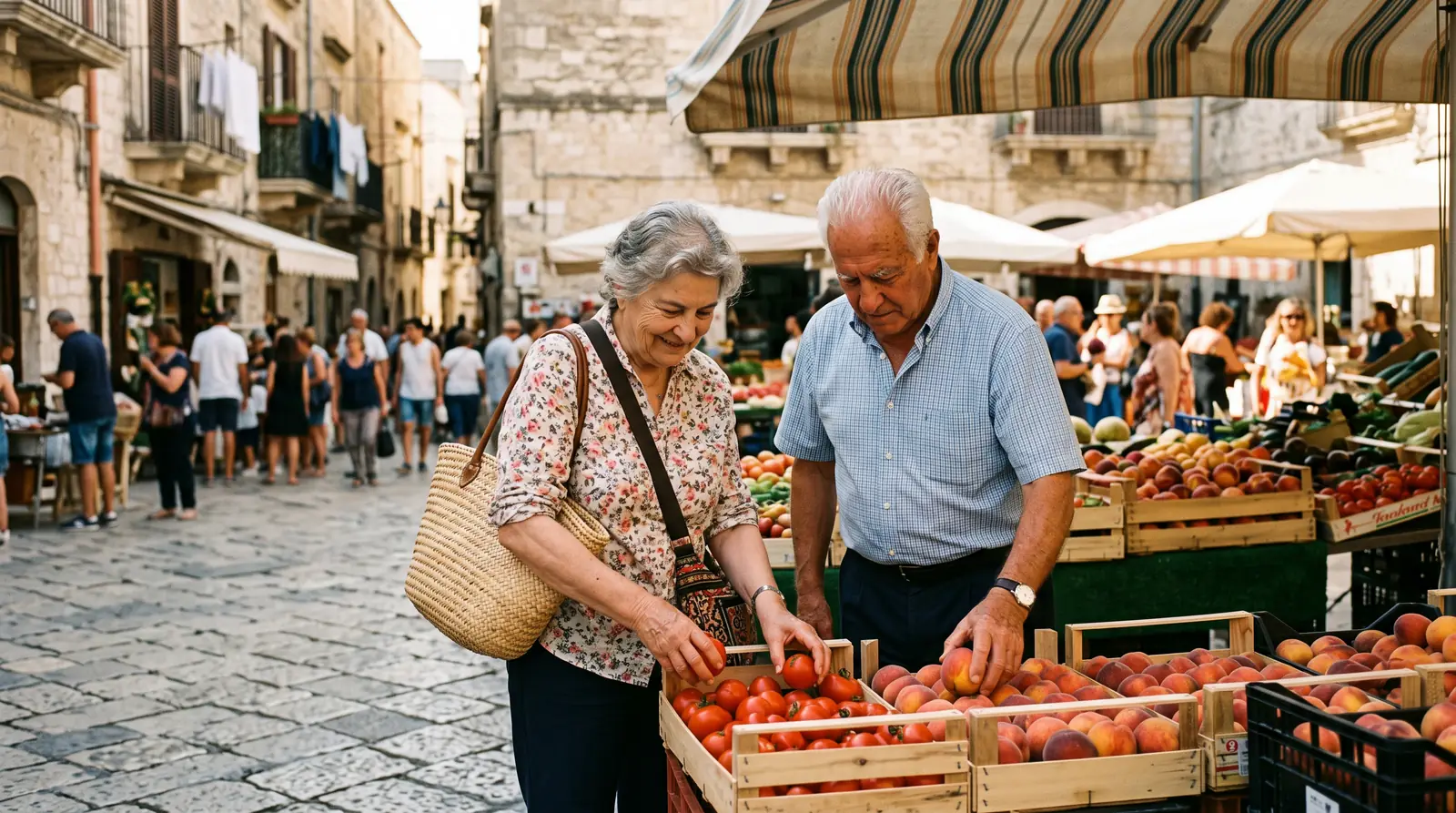 Una coppia sulla settantina sceglie pesche e pomodori a un mercato all'aperto in un paese del Sud, in una mattina d'estate.