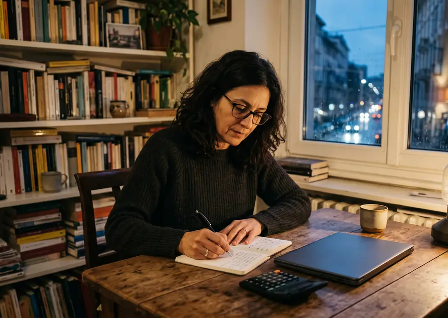 Una donna sui quarantacinque anni scrive su un quaderno alla scrivania, accanto a un portatile chiuso e a una calcolatrice, di sera.