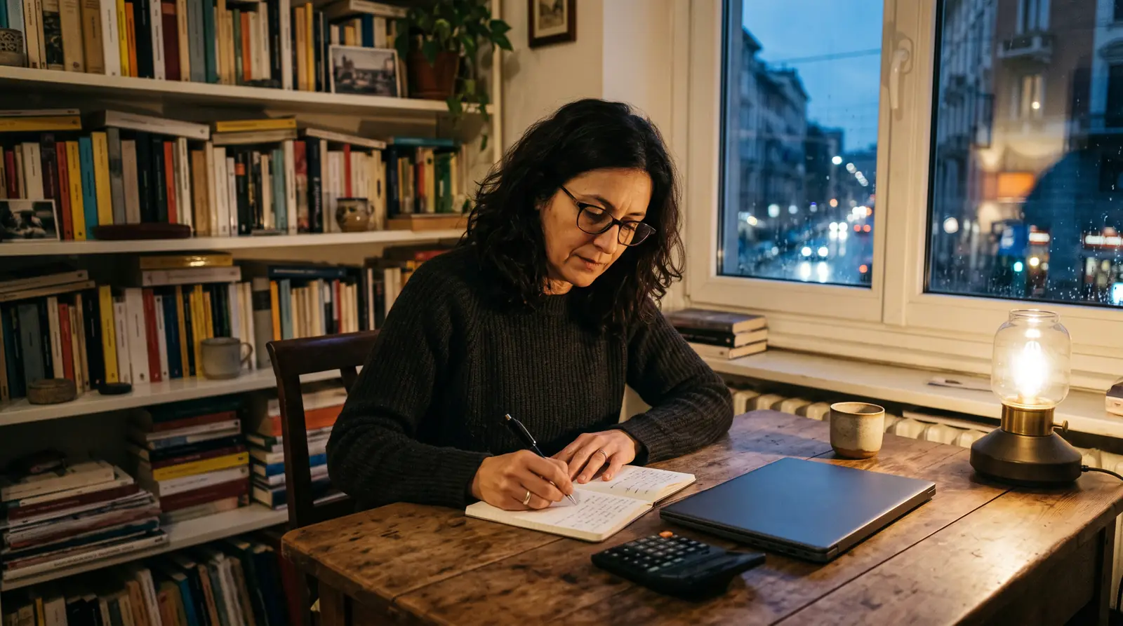 Una donna sui quarantacinque anni scrive su un quaderno alla scrivania, accanto a un portatile chiuso e a una calcolatrice, di sera.