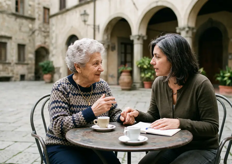 Una donna sui cinquant'anni e la madre anziana parlano a un tavolino di un caffè in una piazza con i portici.