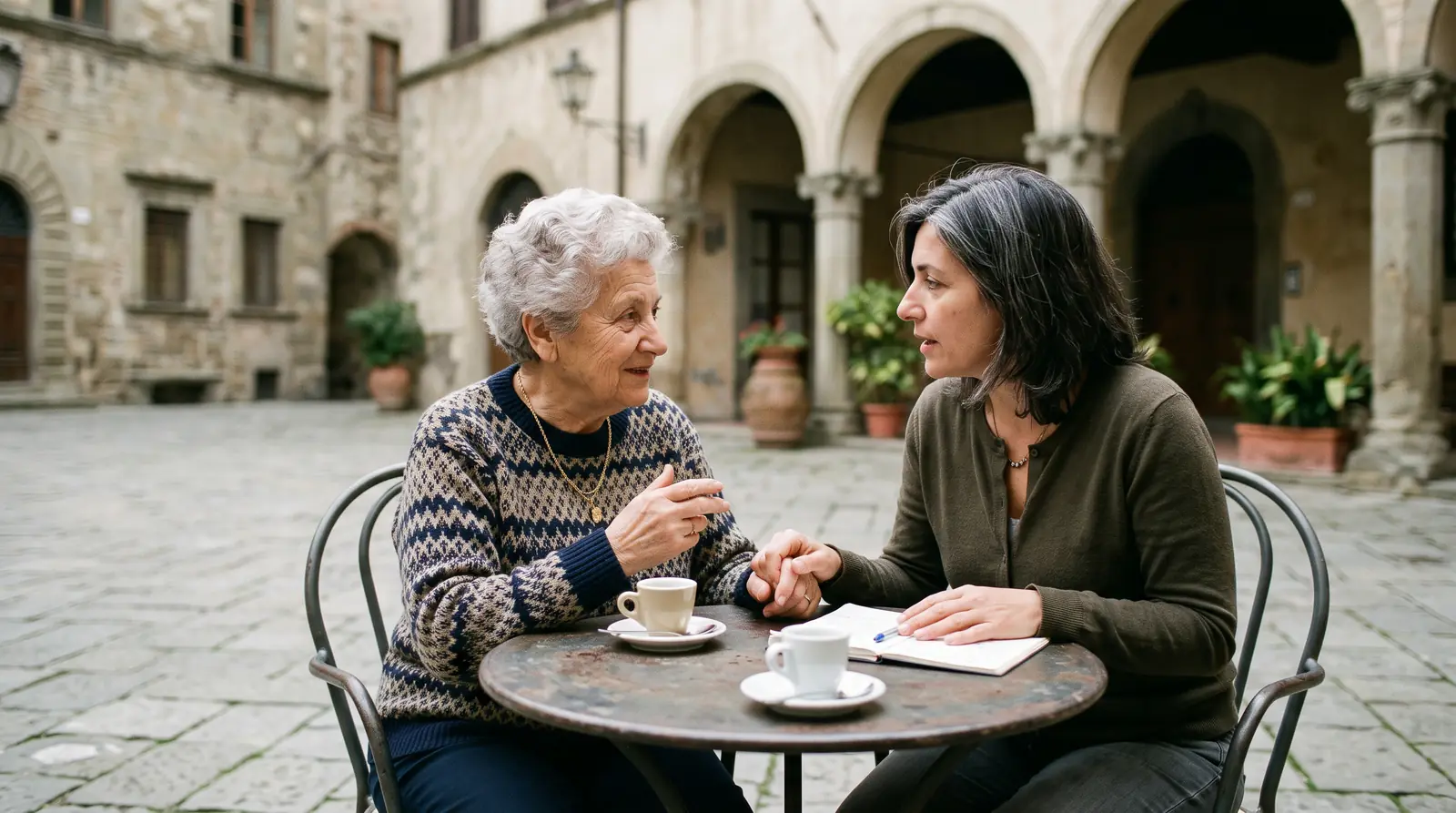 Una donna sui cinquant'anni e la madre anziana parlano a un tavolino di un caffè in una piazza con i portici.